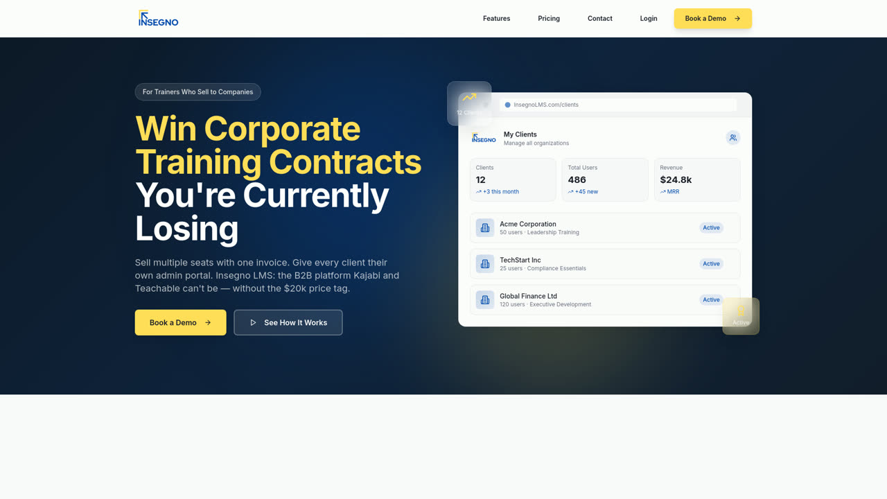 Insegno home page with a dark navy hero, a yellow headline about winning corporate training contracts, and a client dashboard preview
