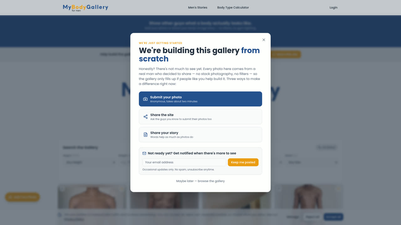 MBGforMen page with a navy background and a submission prompt